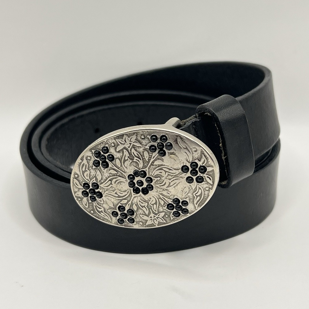Vintage Albatros Italian Black Leather Belt L Antique Silver Tone Buckle Western
